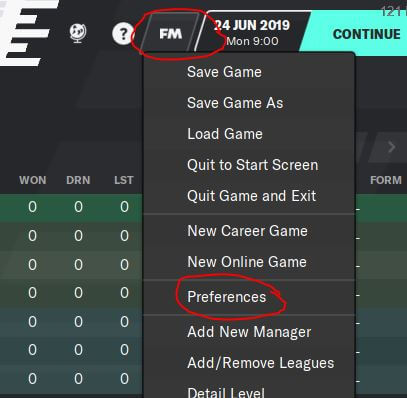 Preferences in FM20 menu